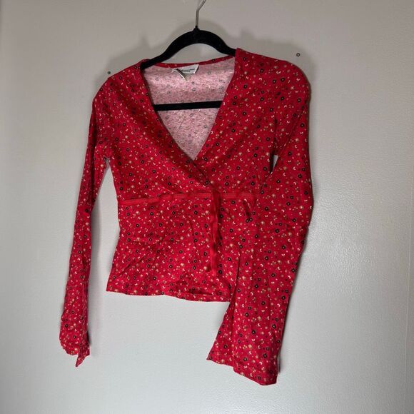 Vintage 90s Express Floral Women’s V Neck Flare Sleeve Blouse - Picture 2 of 6